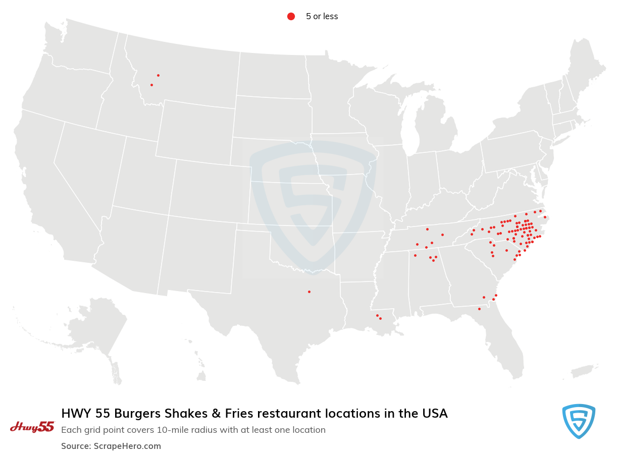 Map of HWY 55 Burgers Shakes & Fries restaurants in the United States