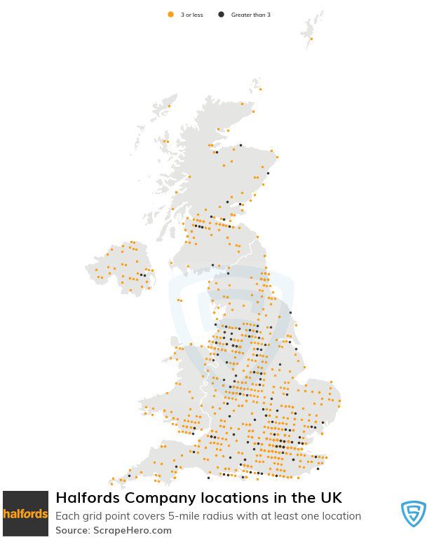 Map of Halfords Company locations in the United Kingdom