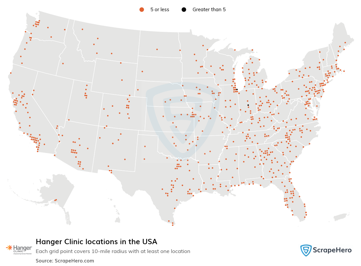 Map of Hanger Clinic locations in the United States