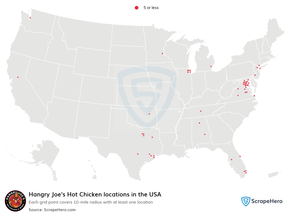 Map of Hangry Joe's Hot Chicken locations in the United States