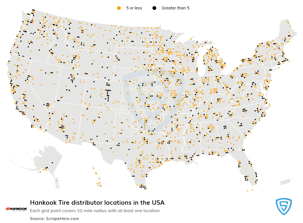 Map of Hankook Tire distributors in the United States