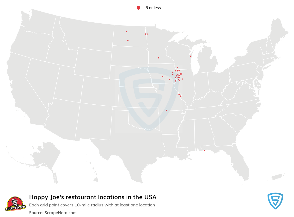 Map of Happy Joe's locations in the United States in 2022