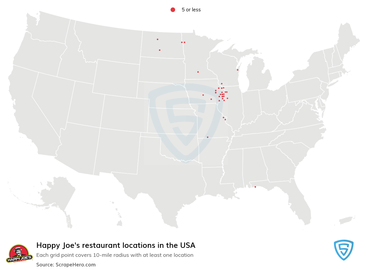 Map of Happy Joe's restaurants in the United States