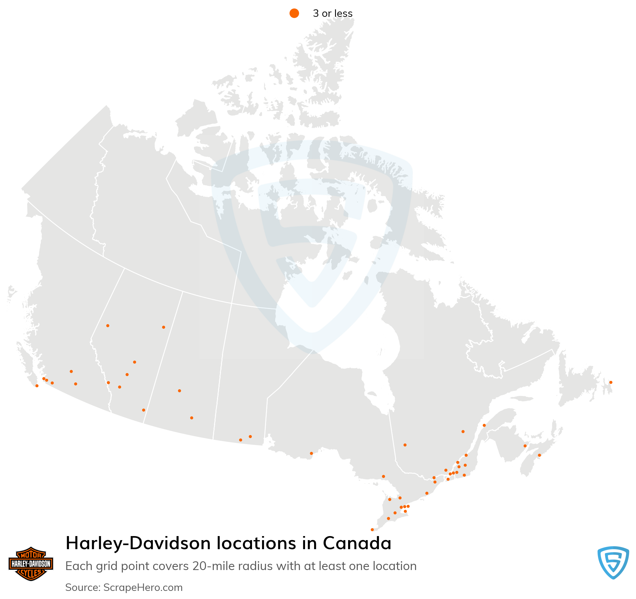 Number of Harley-Davidson locations in Canada in 2024