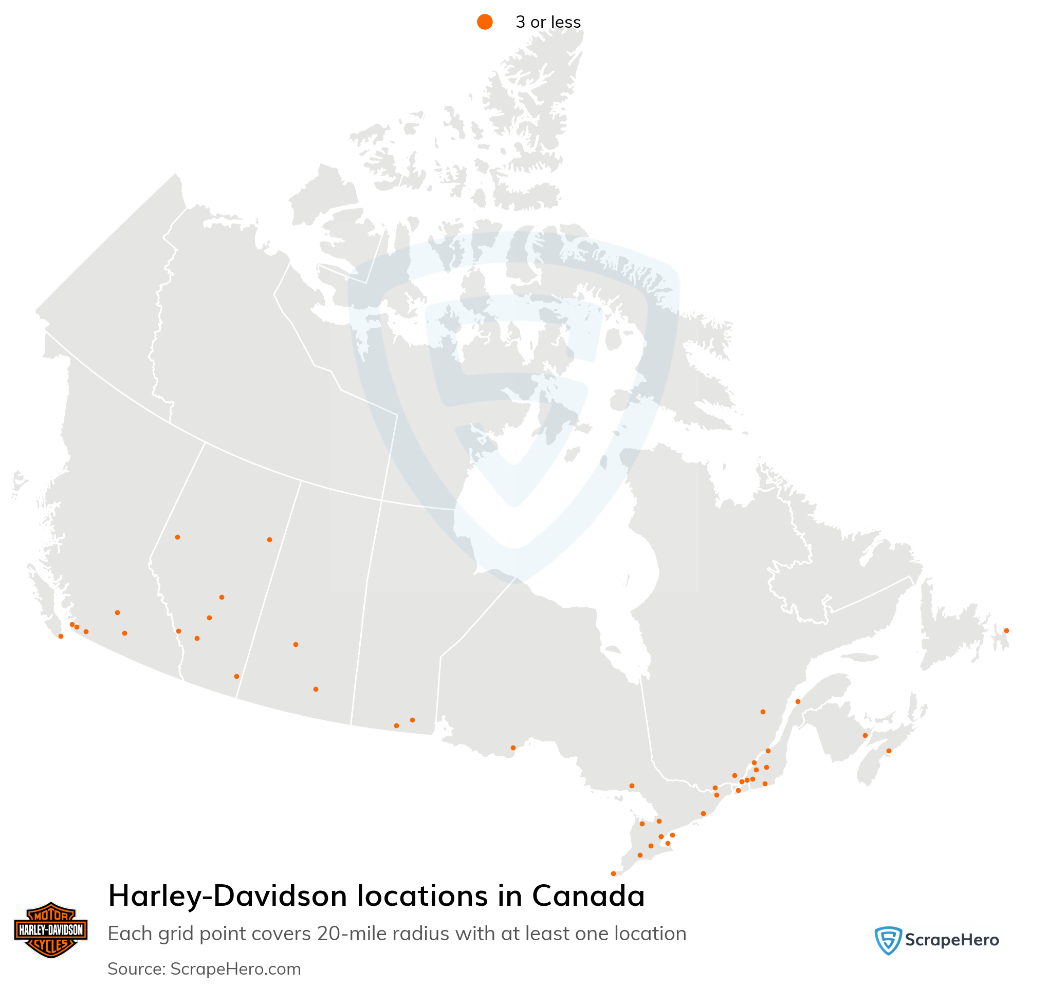 Number of Harley-Davidson locations in Canada in 2024