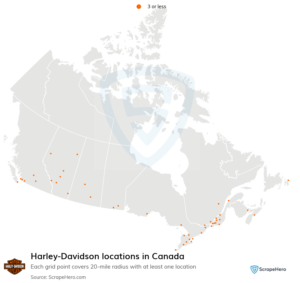 Map of Harley-Davidson dealerships in Canada