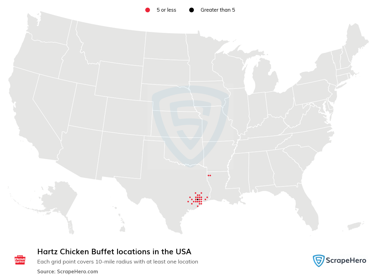 Map of Hartz Chicken Buffet locations in the United States