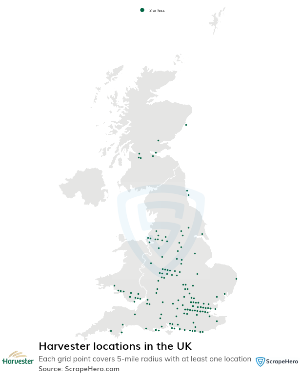 Map of Harvester restaurants in the United Kingdom