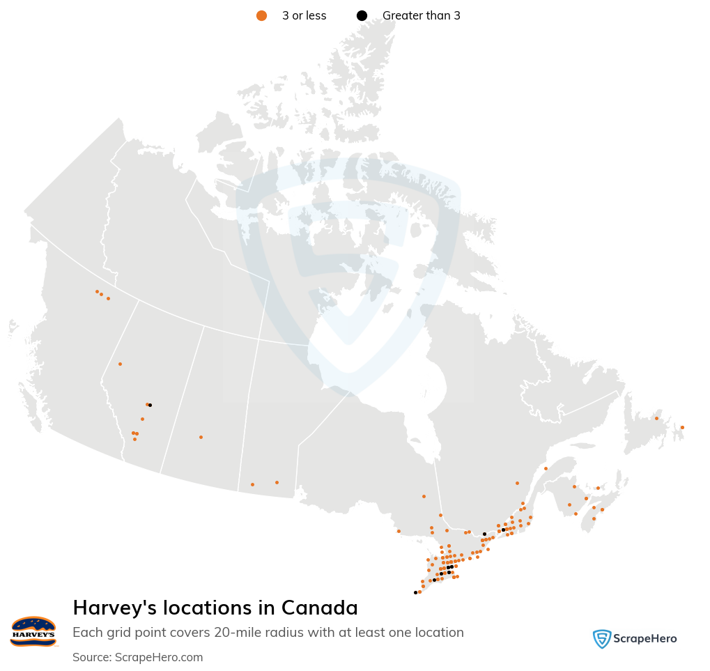 Map of Harvey's restaurants in Canada