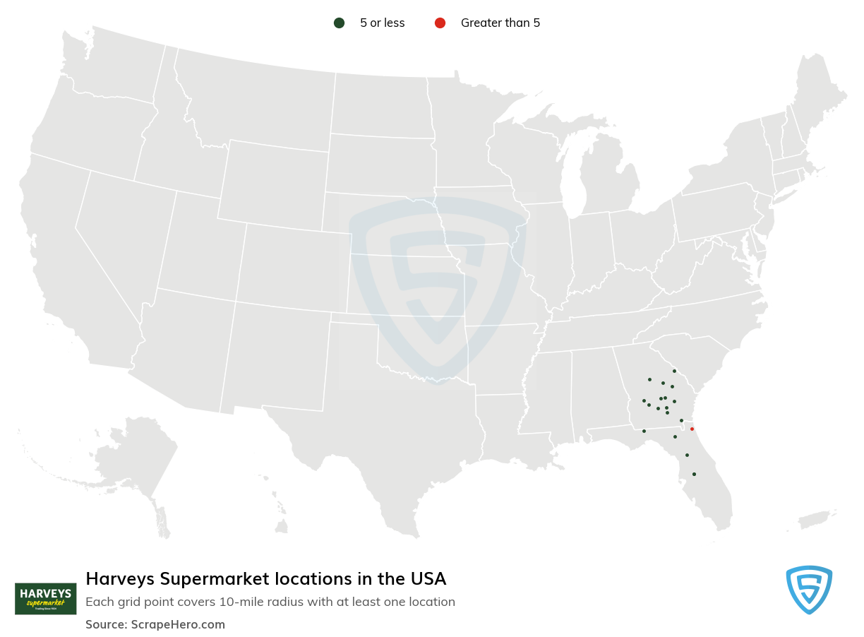 Map of Harveys Supermarket locations in the United States