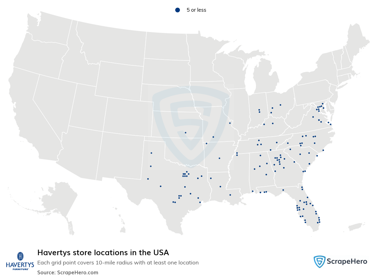 Map of Havertys stores in the United States