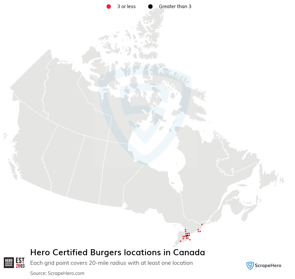 Map of Hero Certified Burgers locations in Canada