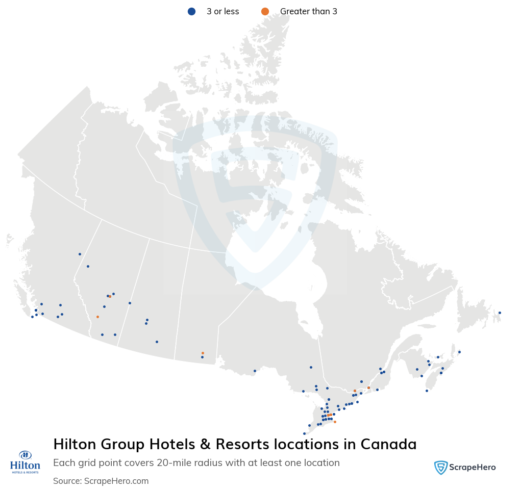 Map of Hilton Group Hotels & Resorts locations in Canada