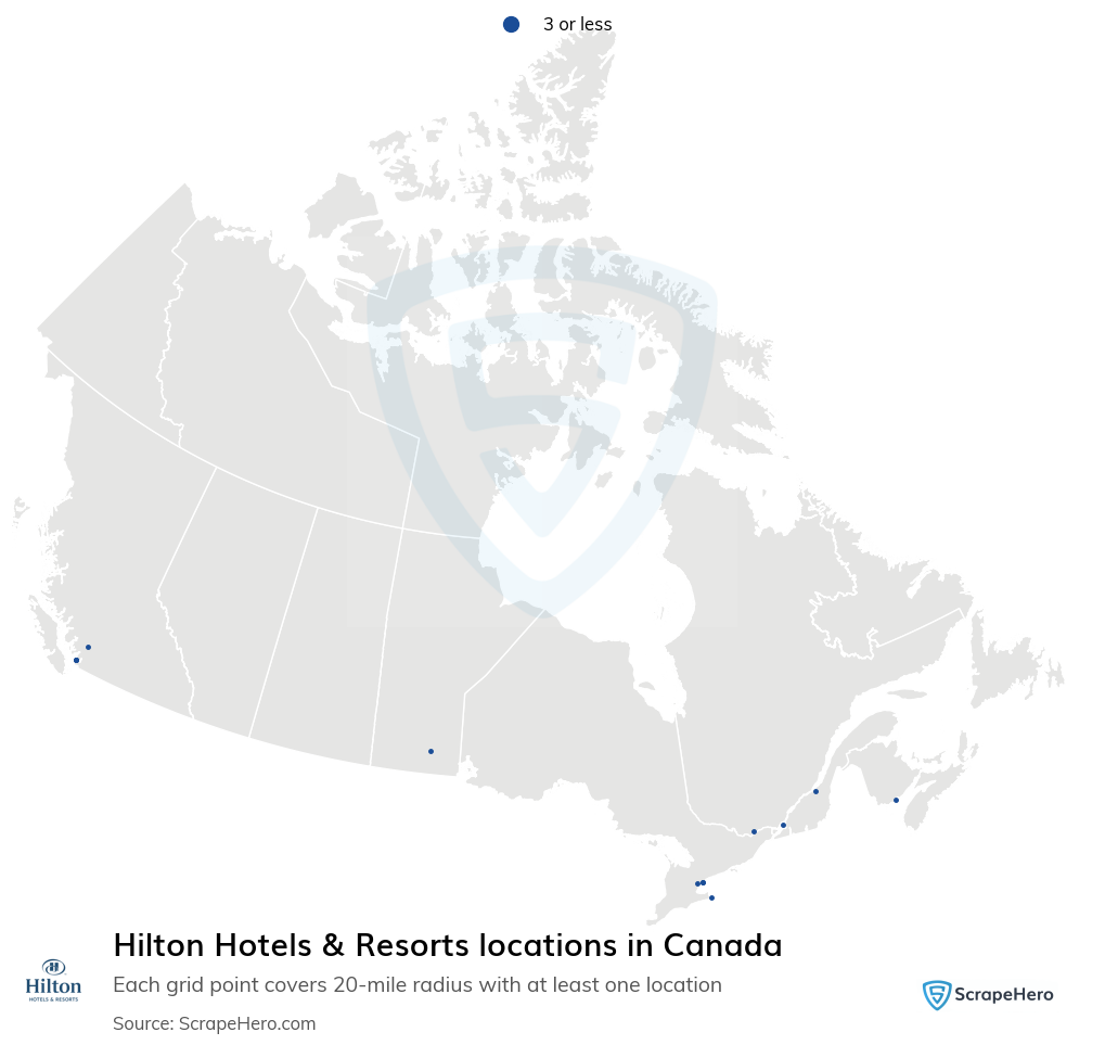 Map of Hilton Hotels & Resorts locations in Canada