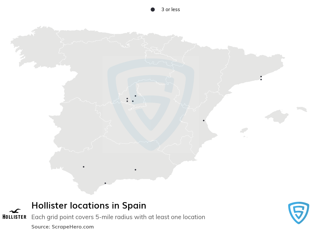 Map of Hollister stores in Spain