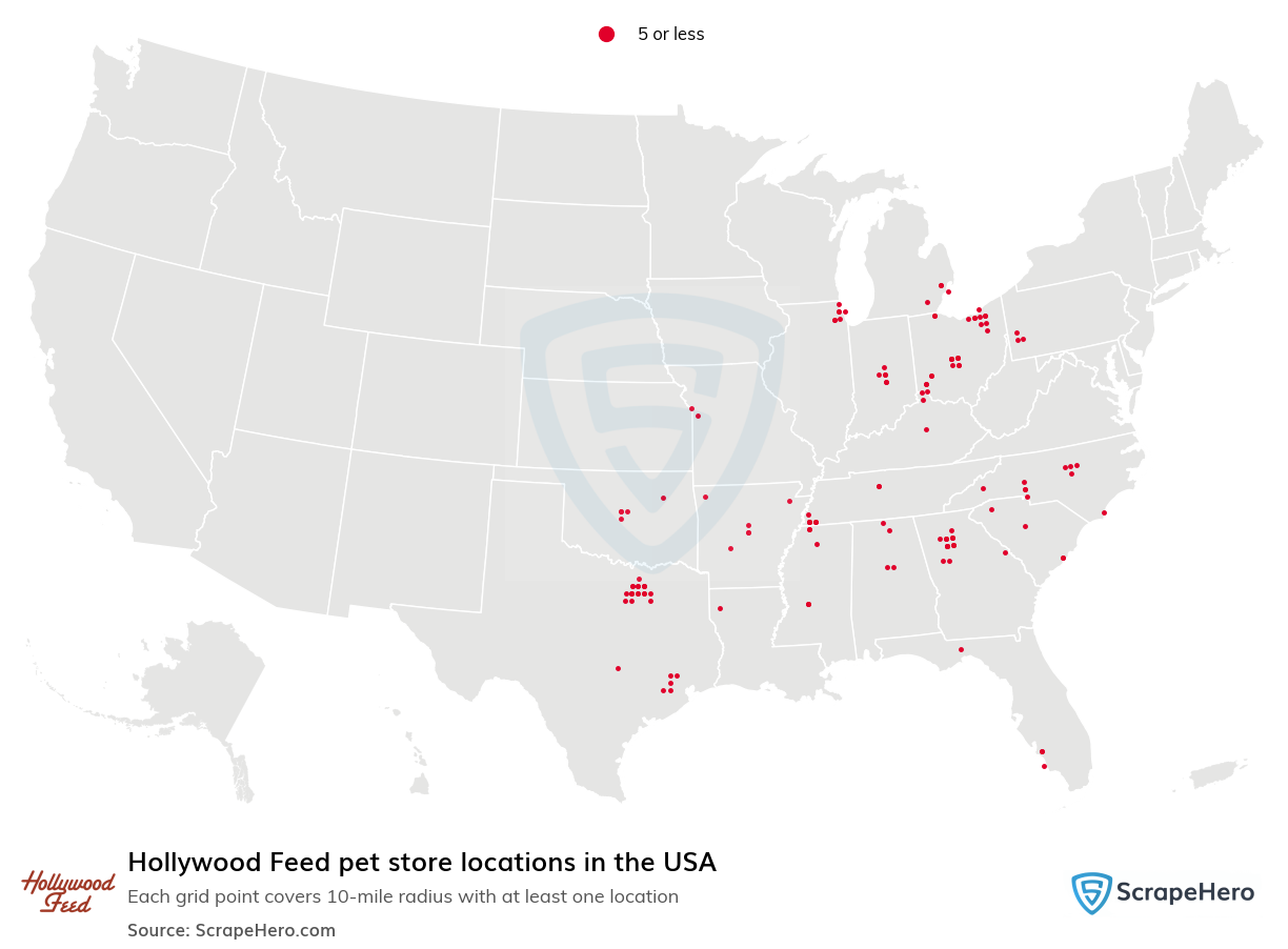 Map of Hollywood Feed pet stores in the United States