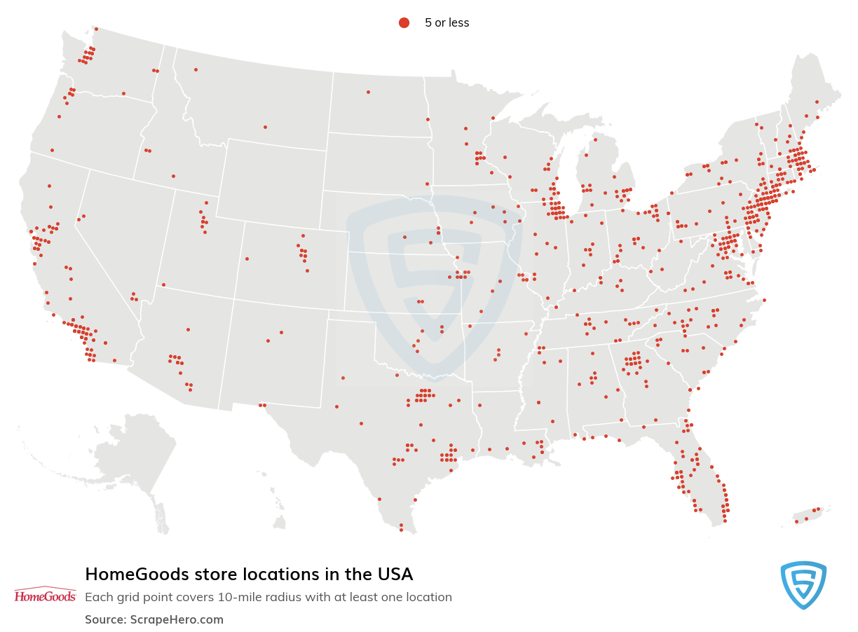 Map of HomeGoods stores in the United States
