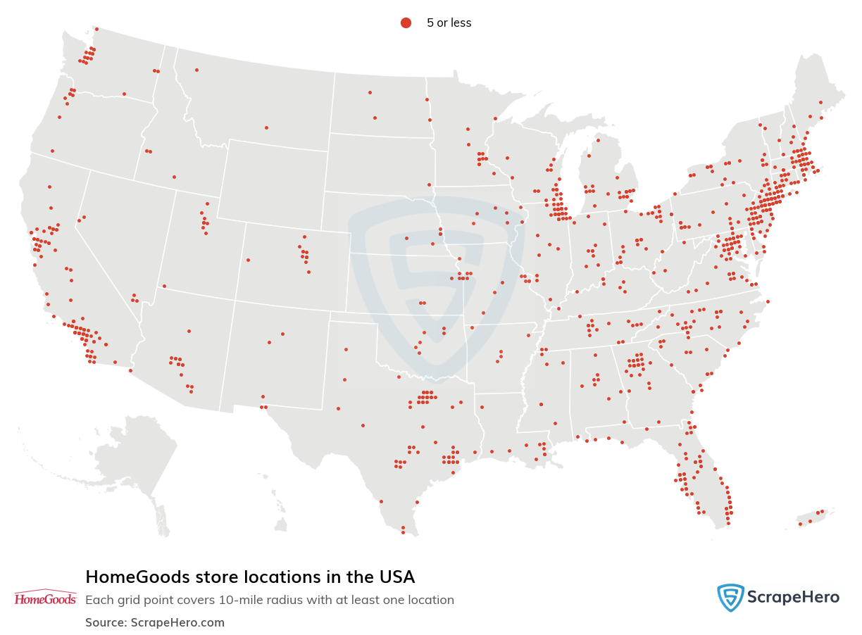 Map of HomeGoods stores in the United States