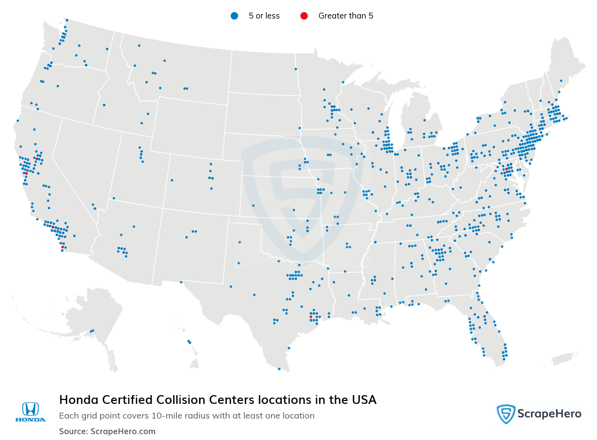 Map of Honda Certified Collision Centers locations in the United States