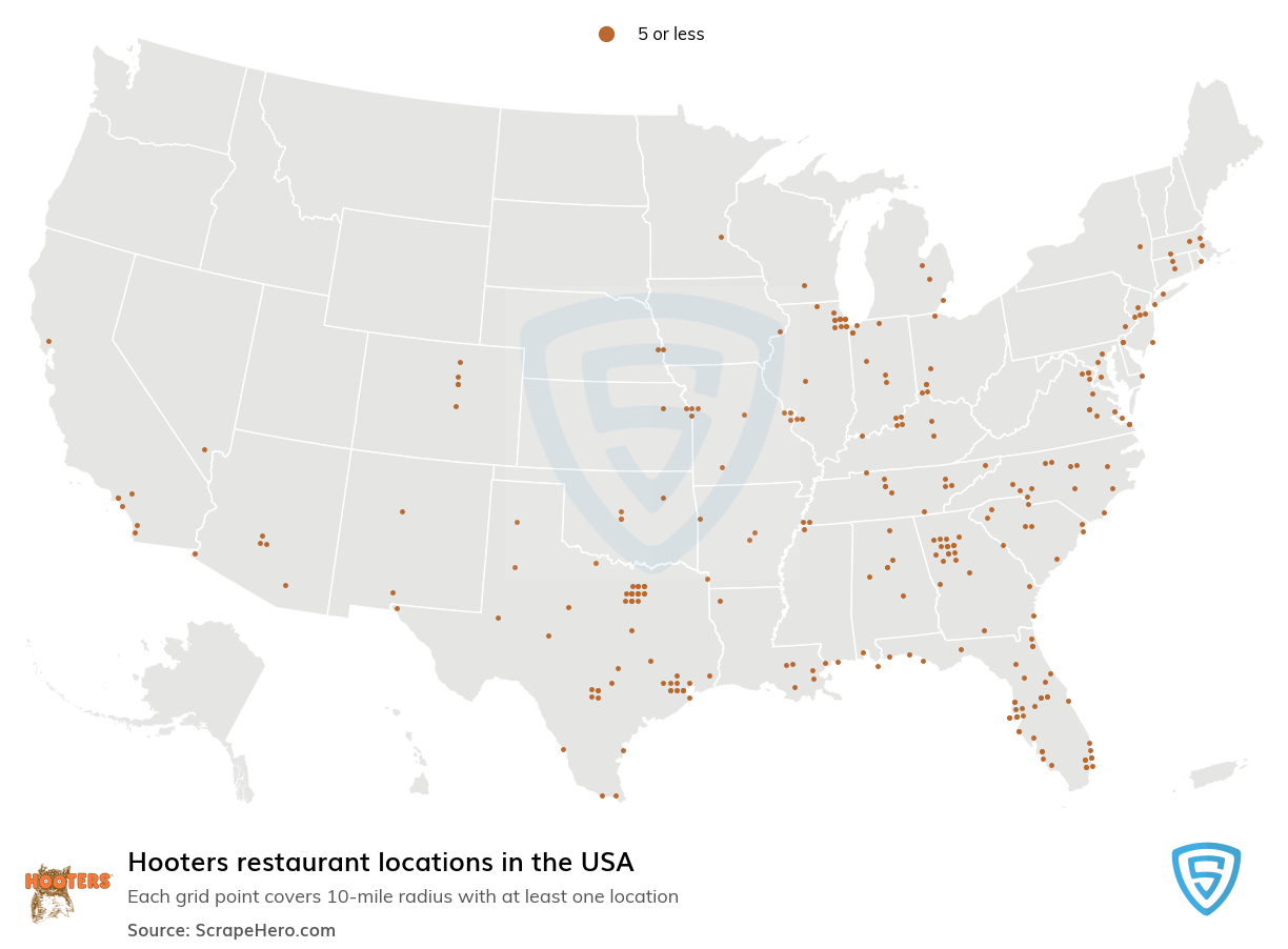 Map of Hooters locations in the United States in 2022