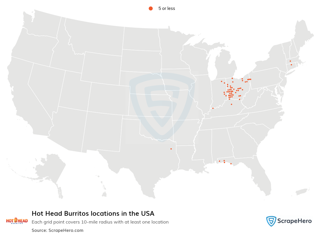 Map of Hot Head Burritos locations in the United States