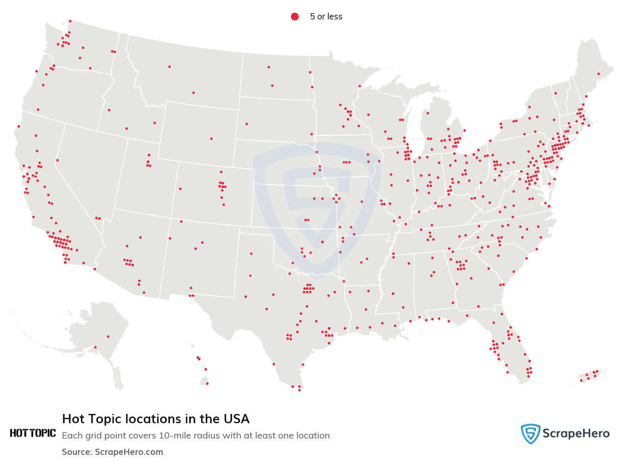Map of Hot Topic locations in the United States