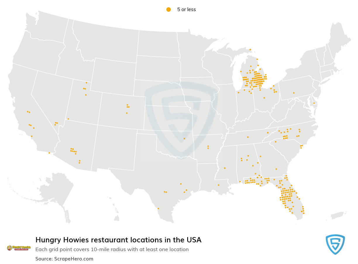 Map of Hungry Howies restaurants in the United States