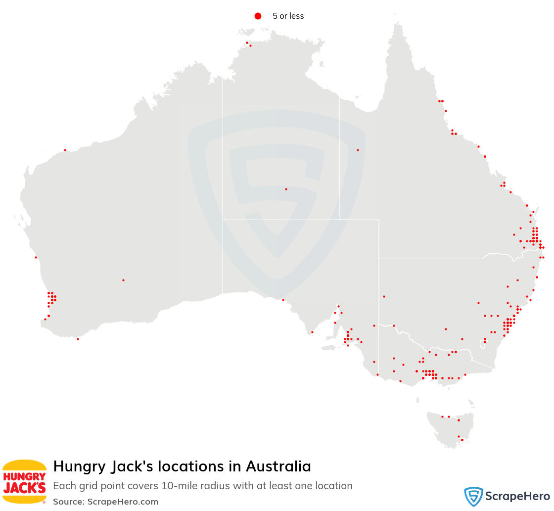 Map of Hungry Jack's locations in Australia