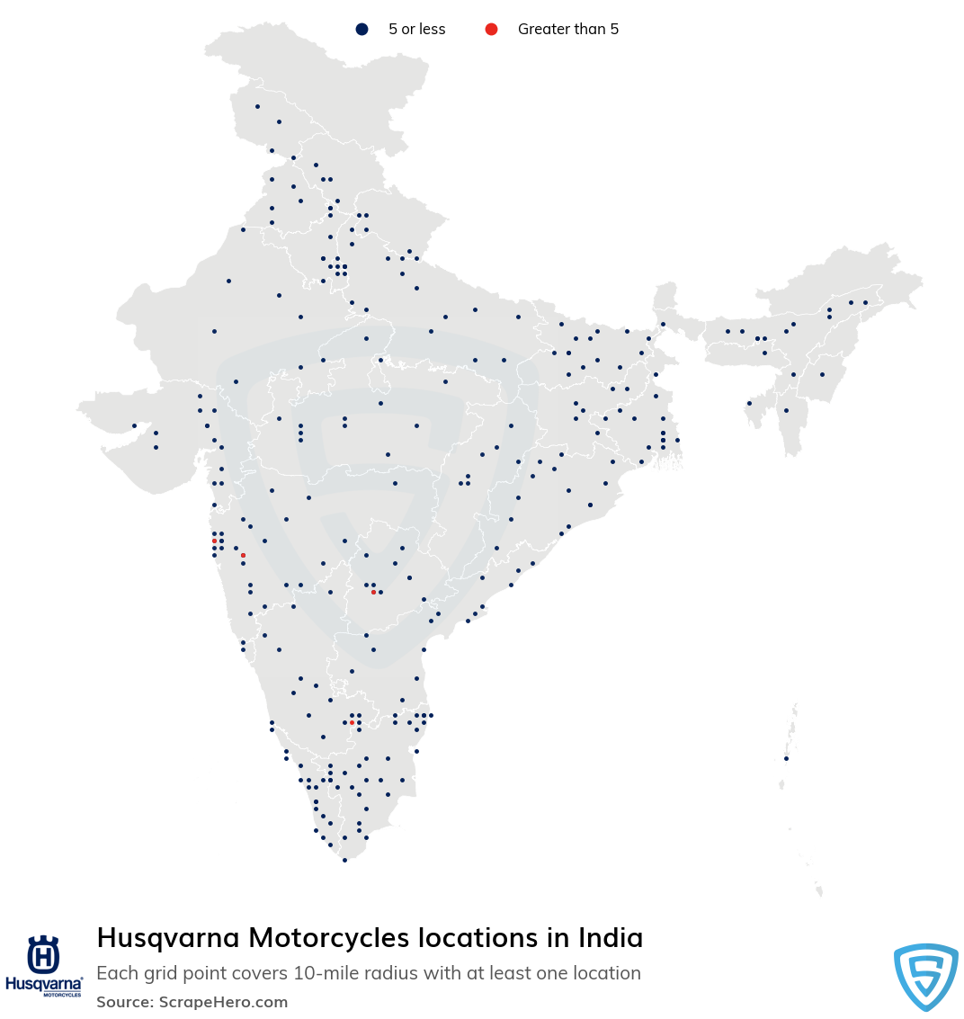 Map of Husqvarna Motorcycles locations in India in 2021