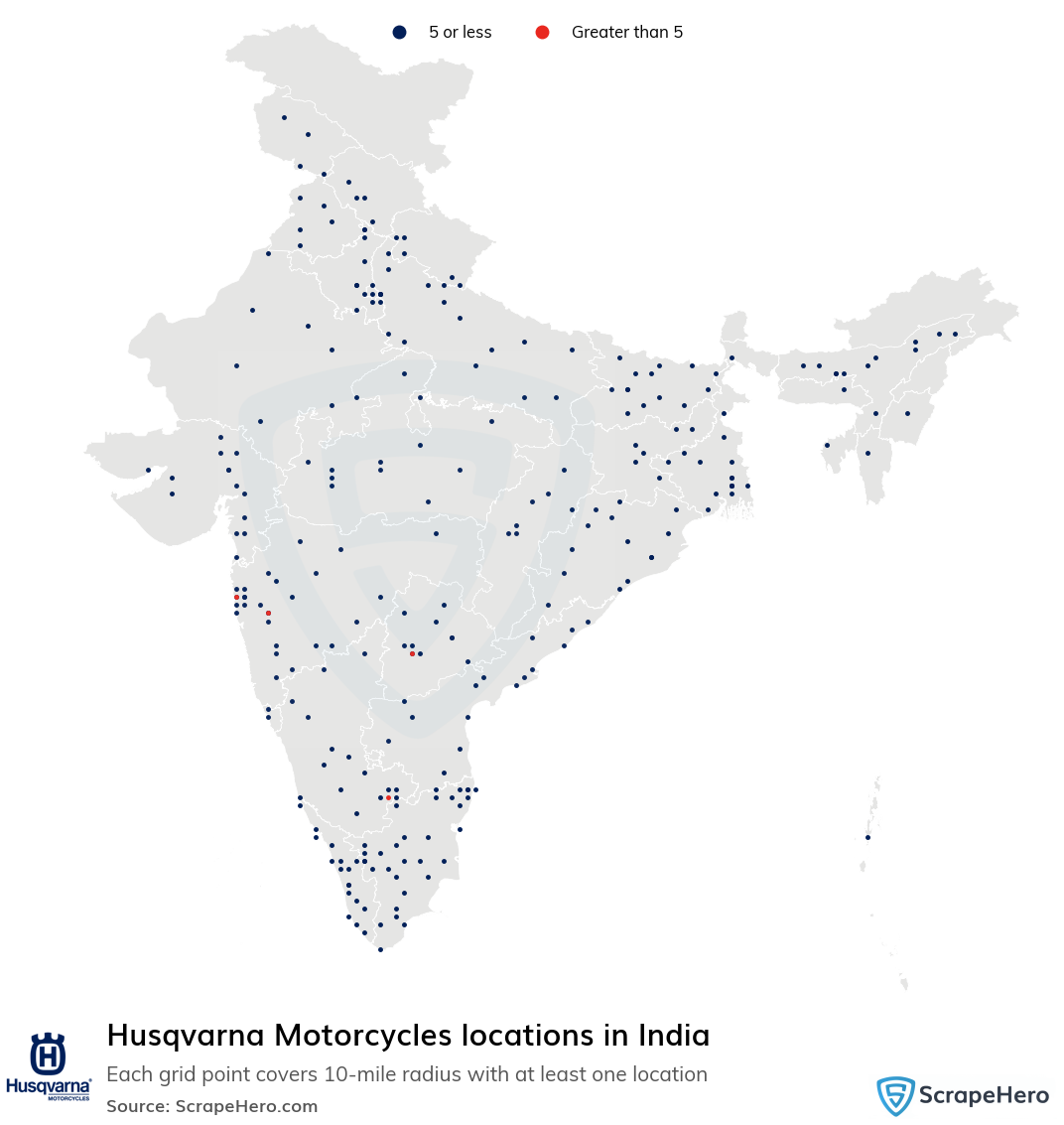 Map of Husqvarna Motorcycles dealers in India