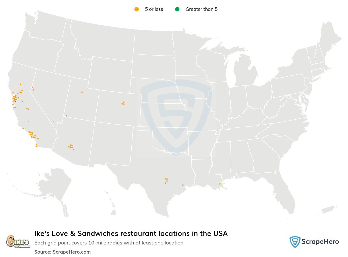 Map of Ike's Love & Sandwiches restaurants in the United States