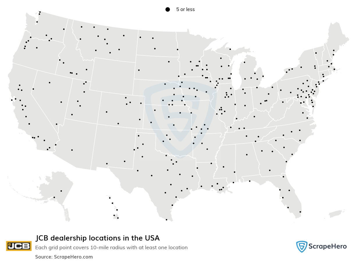 Map of JCB dealerships in the United States