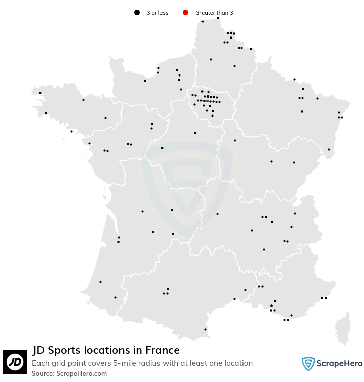 Map of JD Sports stores in France