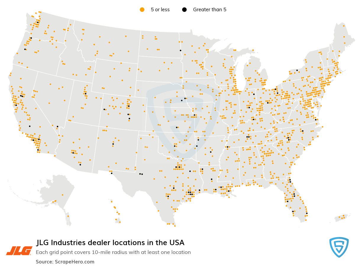 Map of JLG Industries dealers in the United States