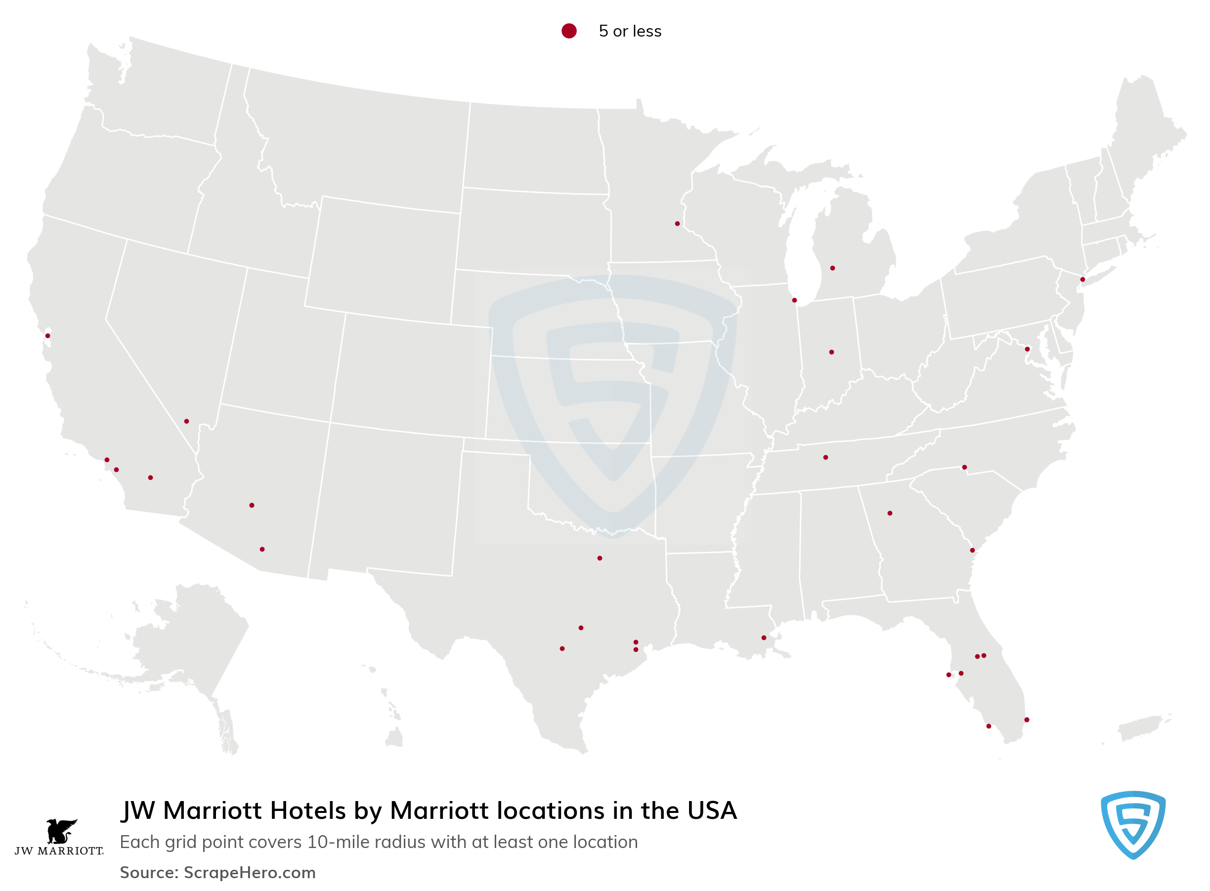 Number of JW Marriott Hotels by Marriott locations in the USA in