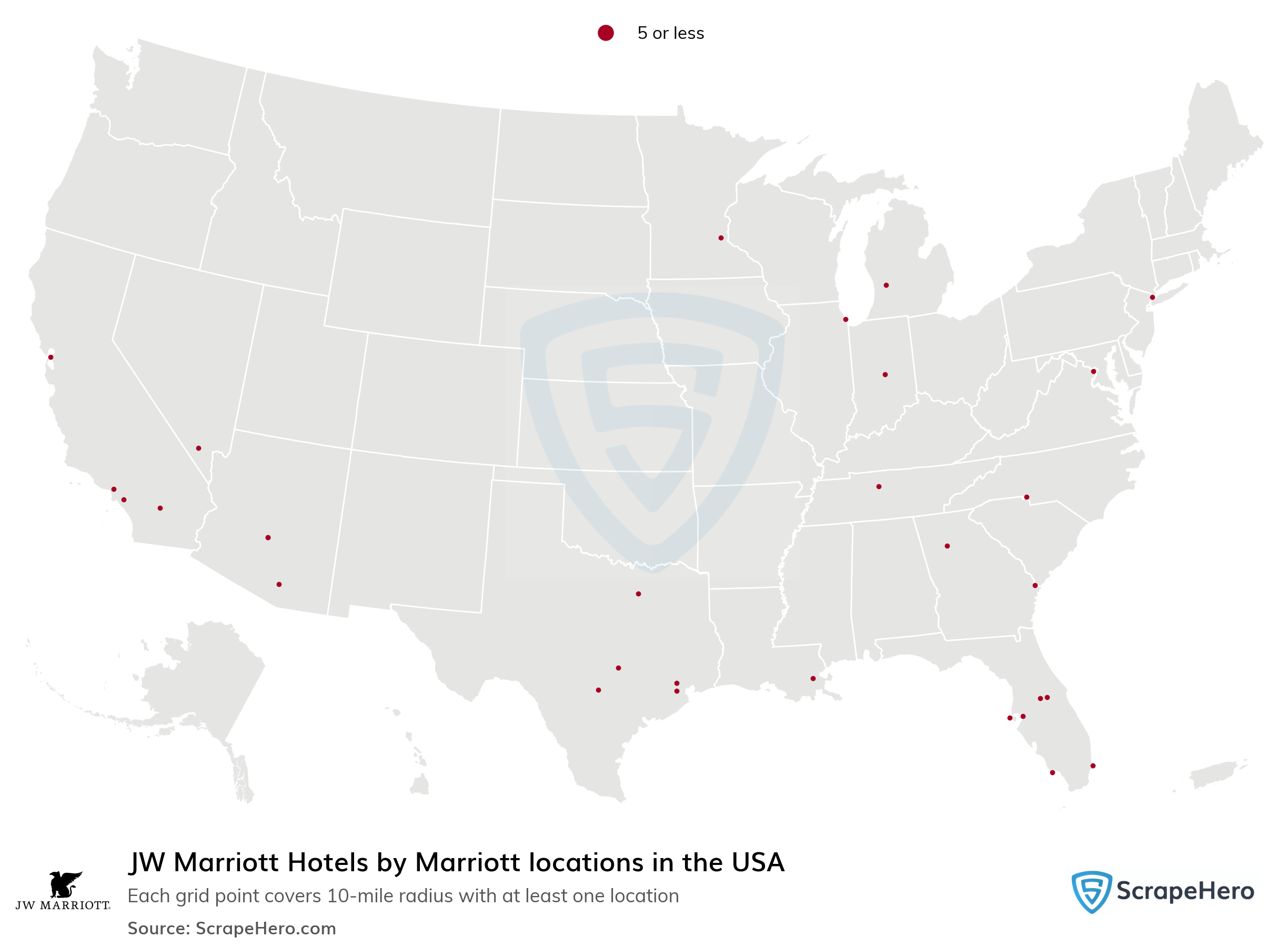 Number of JW Marriott Hotels by Marriott locations in the USA in