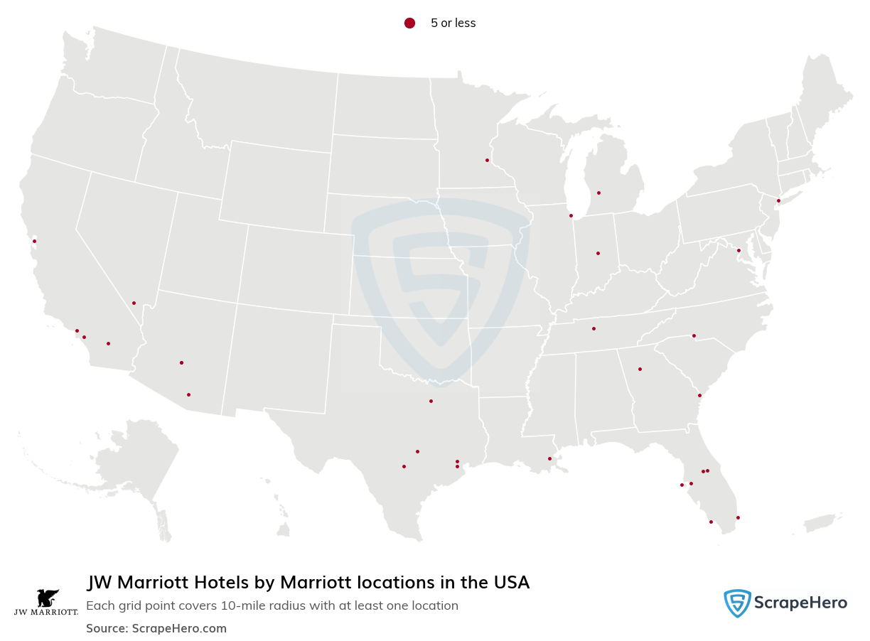 Map of JW Marriott locations in the United States