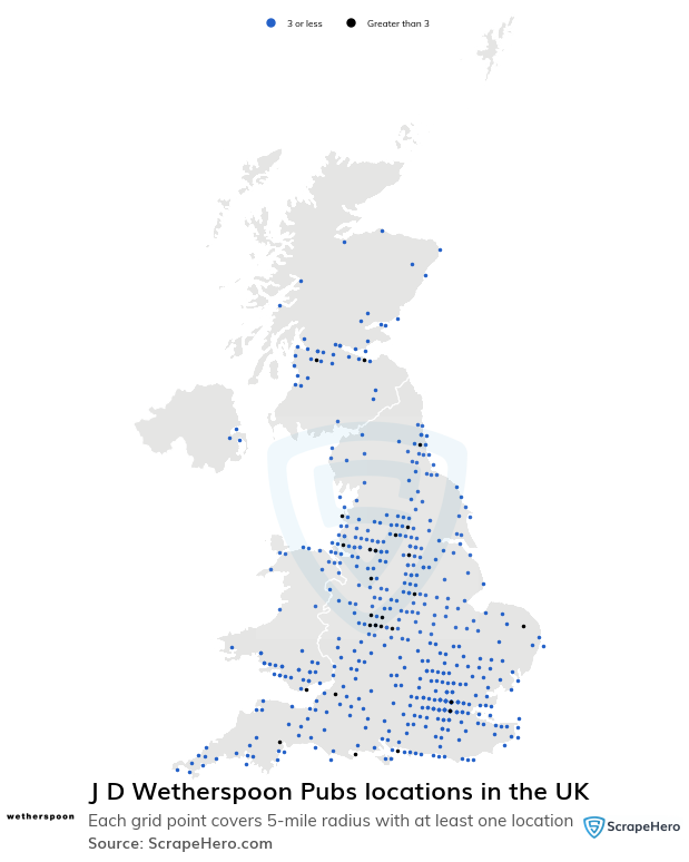 Map of J D Wetherspoon Pubs locations in the United Kingdom