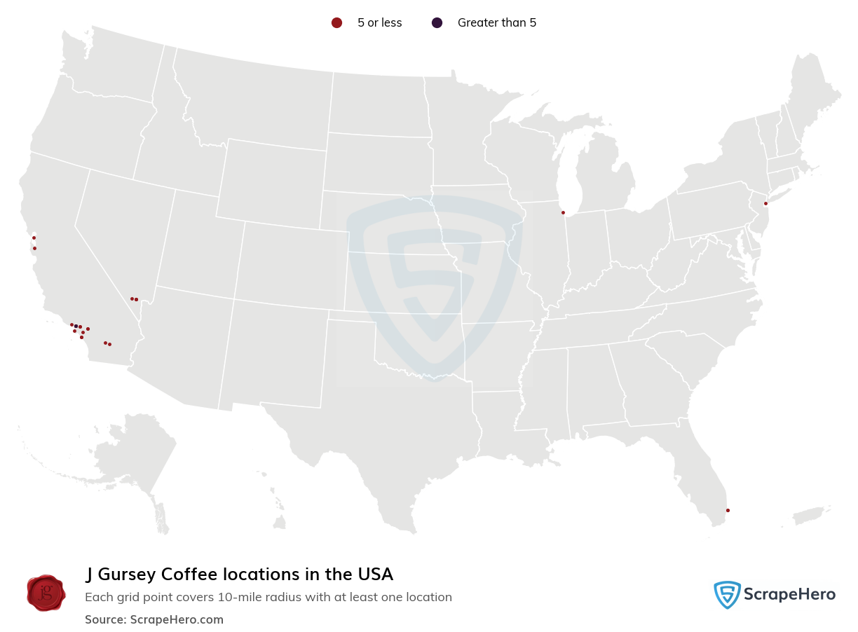 Map of J Gursey Coffee locations in the United States