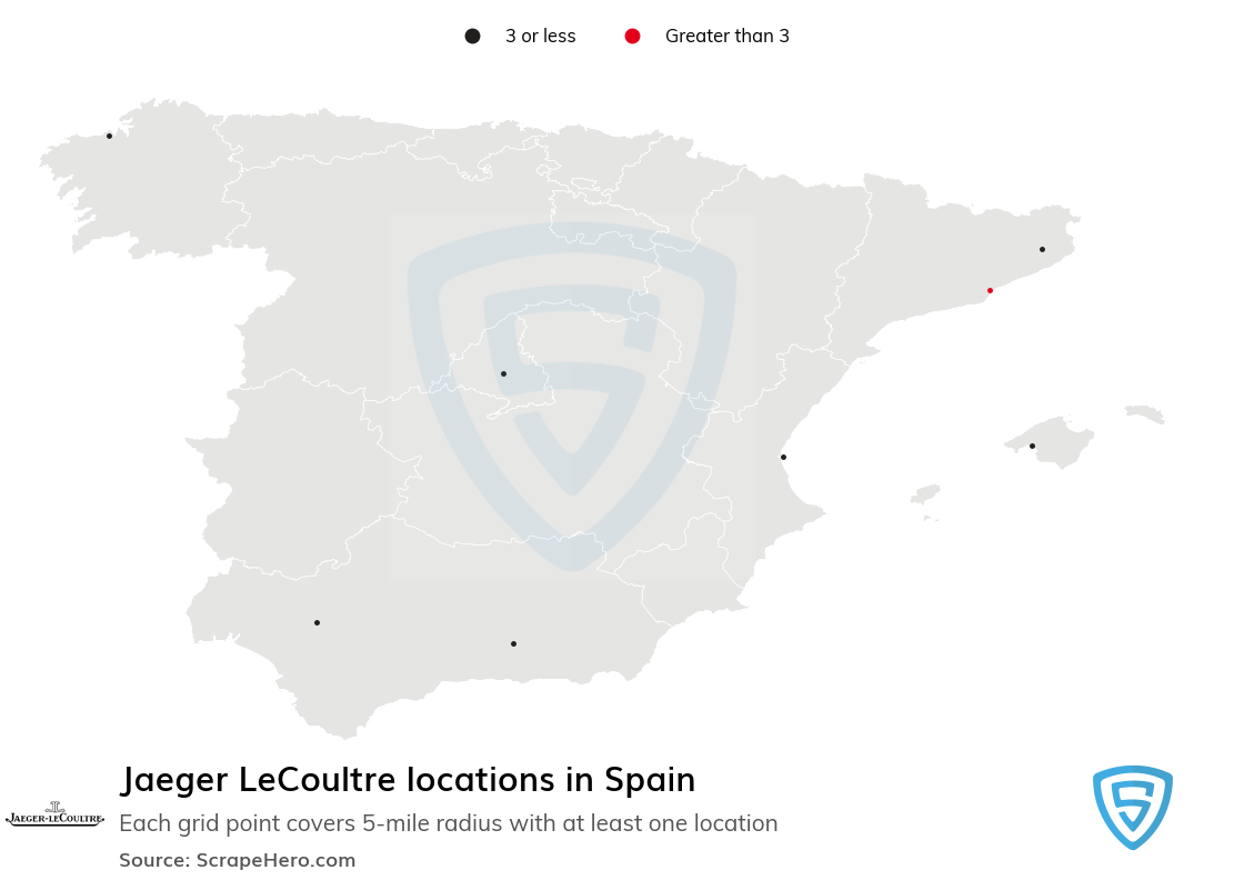 Map of Jaeger LeCoultre dealers in Spain
