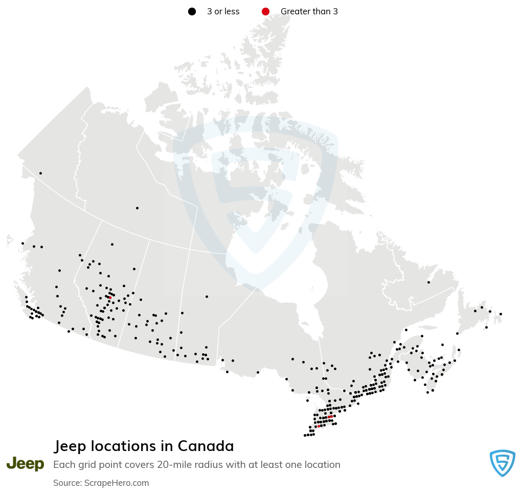 Map of Jeep dealerships in Canada
