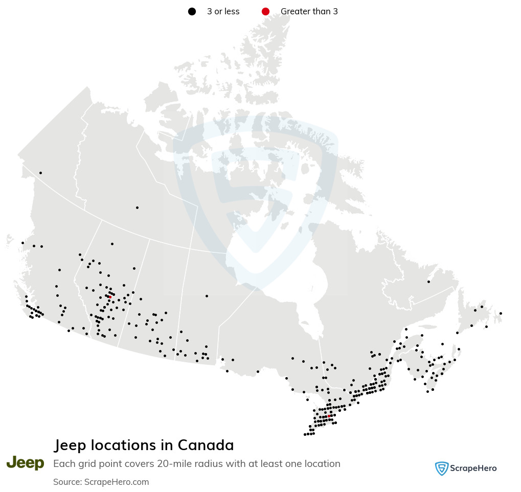 Map of Jeep dealerships in Canada