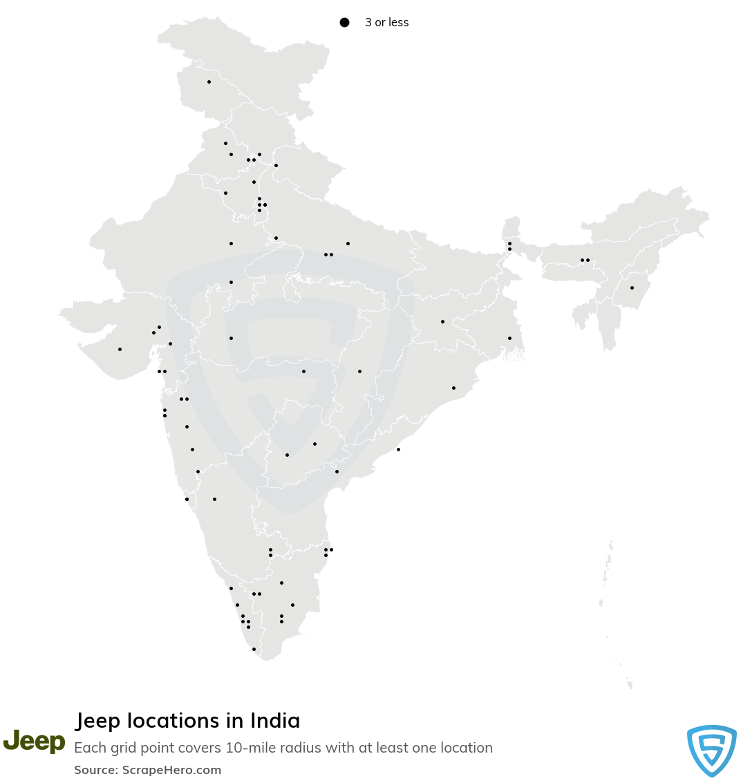 Map of Jeep locations in India in 2022