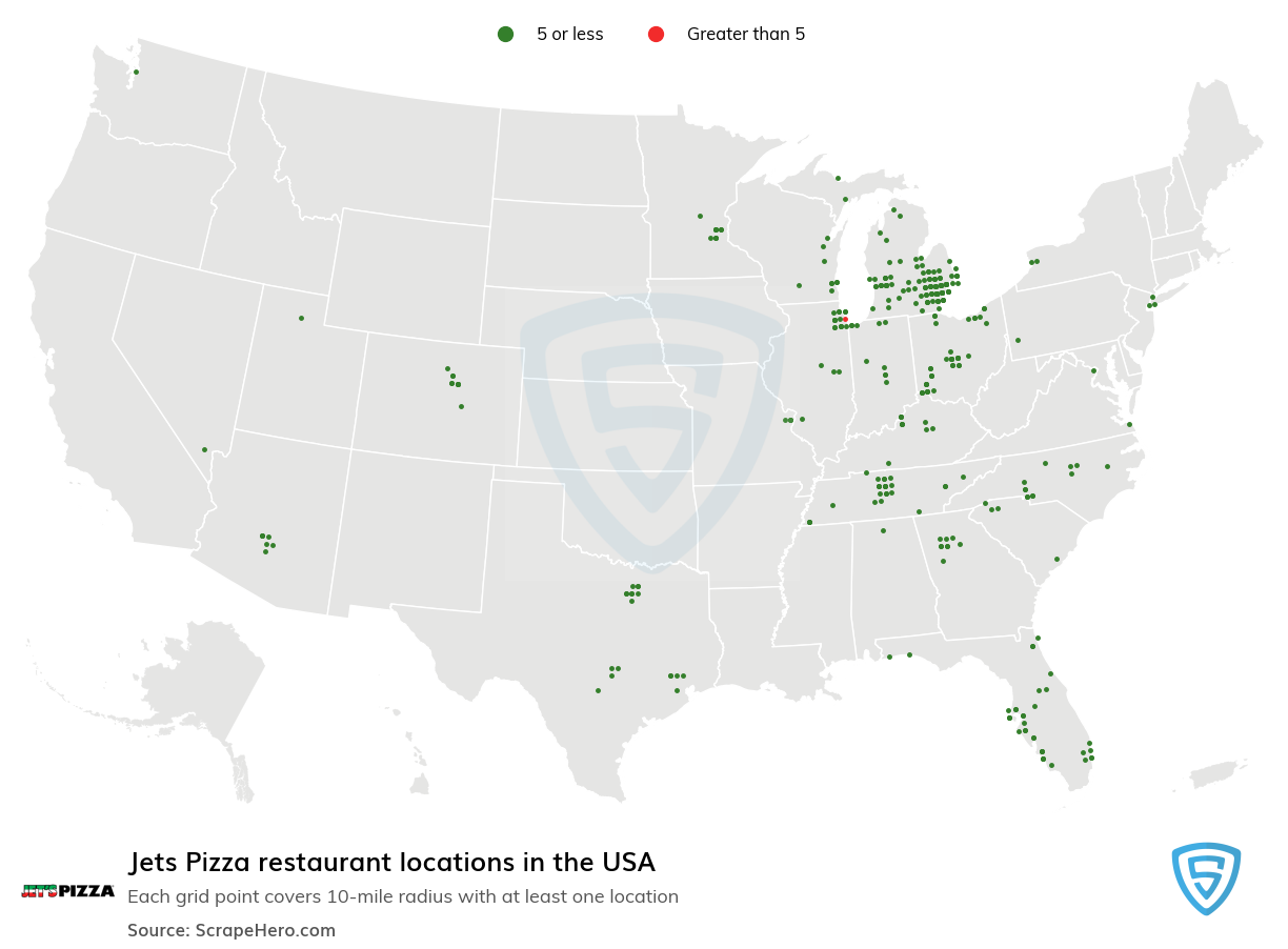 Map of Jets Pizza stores in the United States