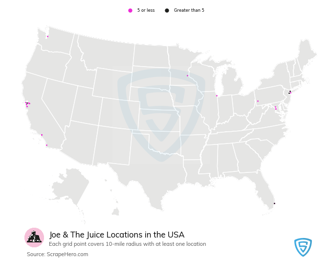 Map of Joe & The Juice stores in the United States