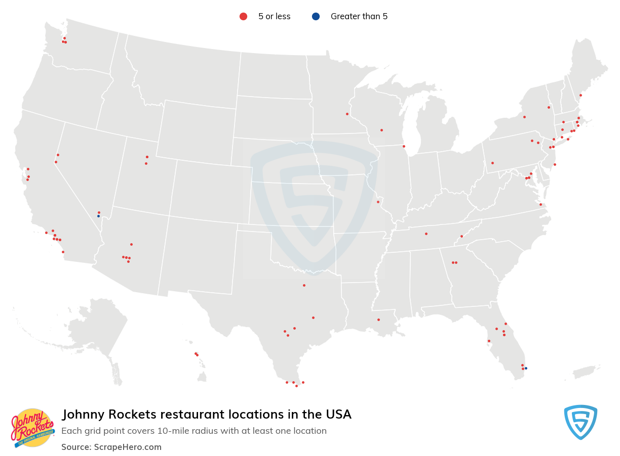 Map of Johnny Rockets restaurants in the United States