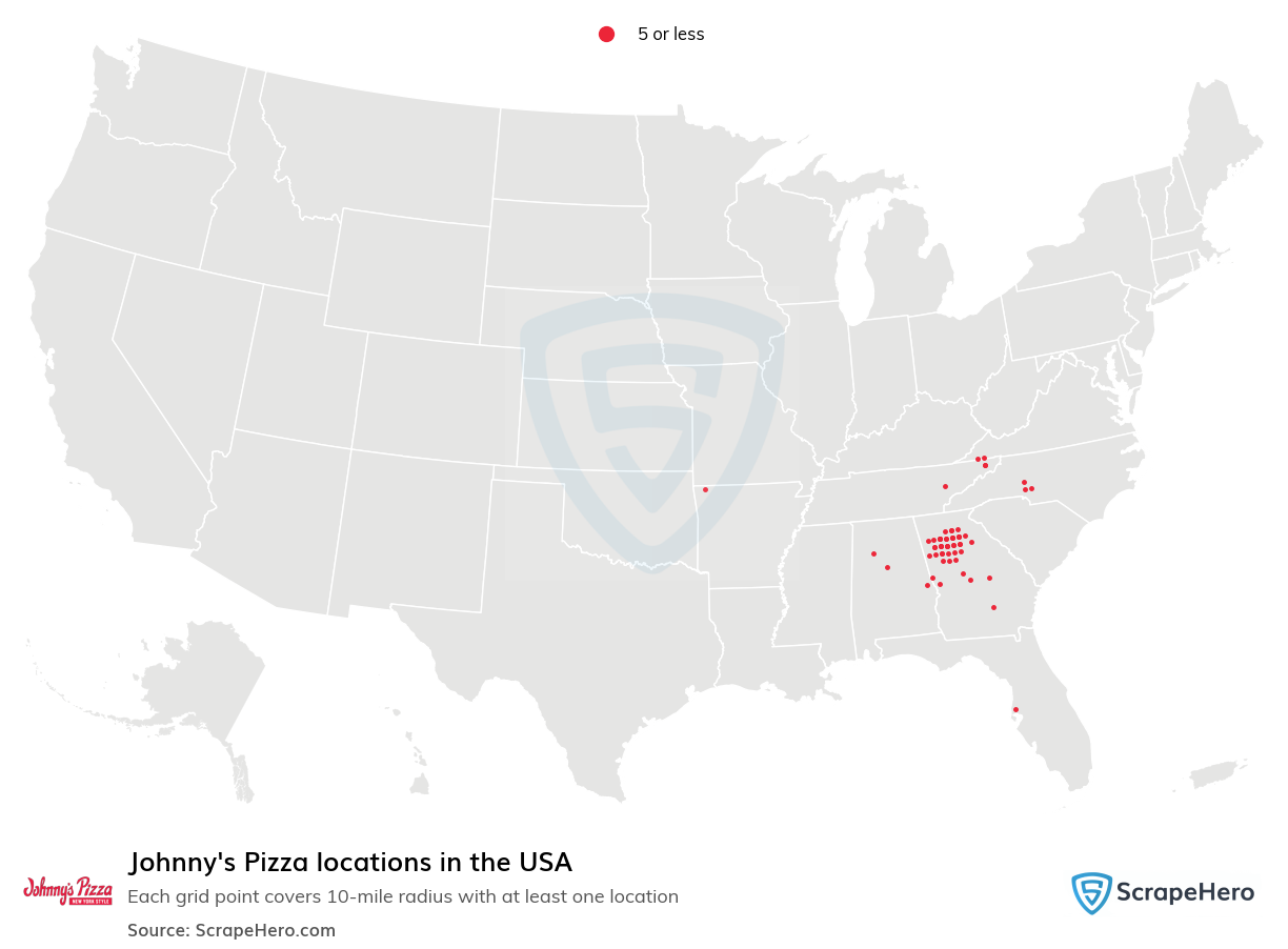 Map of Johnny's Pizza locations in the United States