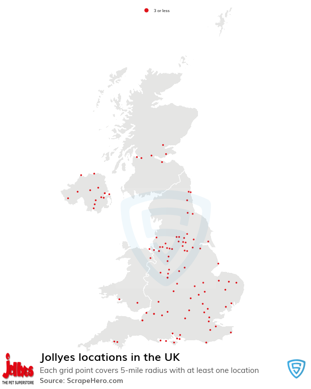 Map of Jollyes pet stores in the United Kingdom