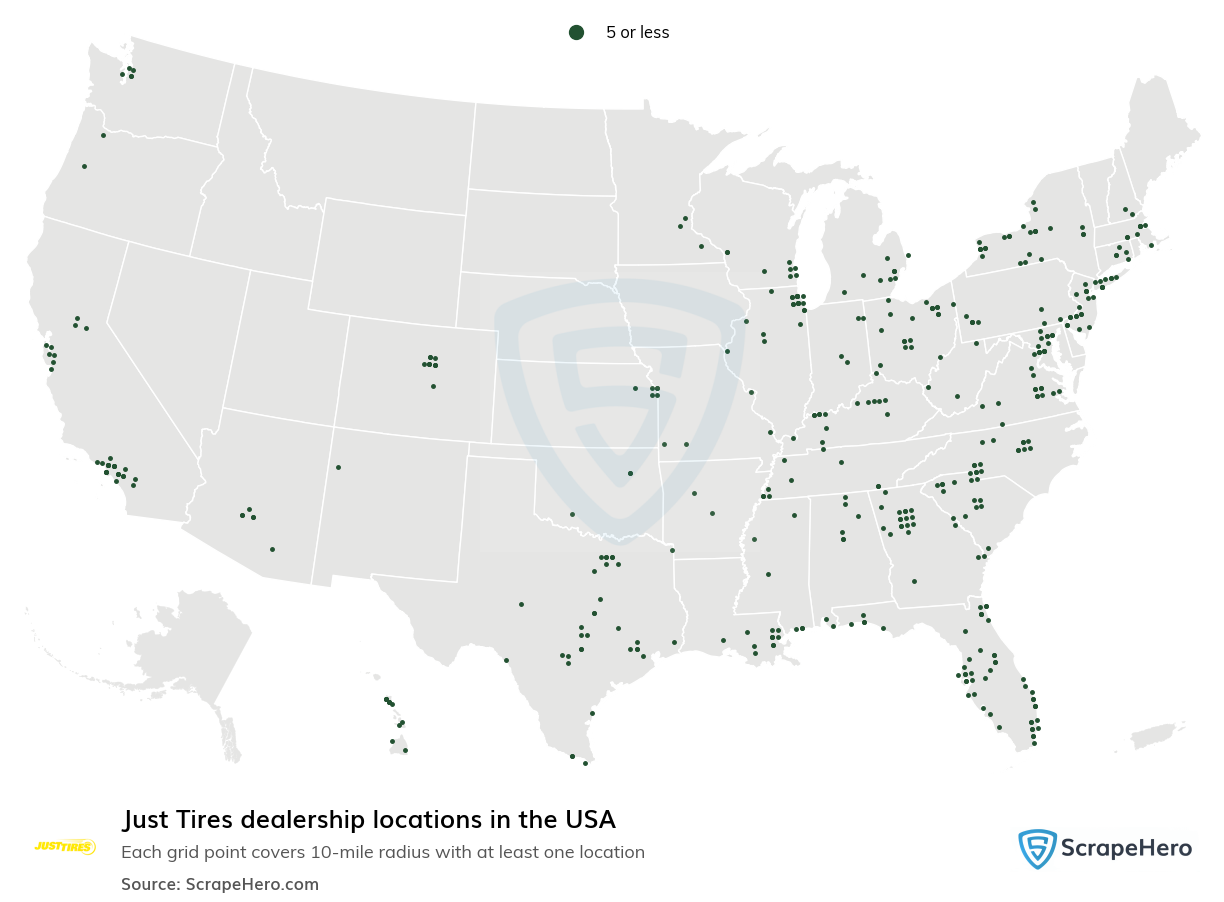 Map of Just Tires dealerships in the United States