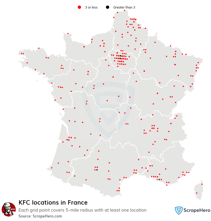 Map of KFC restaurants in France